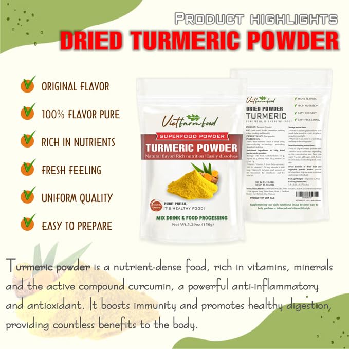TUMERIC POWDER 5.29 Oz (150g) VIETFARMFOOD: Natural pure, convection dried seasoning made from real vegetables - perfect for adding flavor to any meal, from cooking, baking, salads, soups, sauces