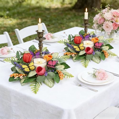 4 PCS Summer Lavender Tulips Candle Rings Wreaths Artificial Floral Pillar Candle Holder Wreaths with Butterfly Mini Spring Summer Candle Rings for Table Centerpiece Home Farmhouse Cabinet Porch Decor - Image 6
