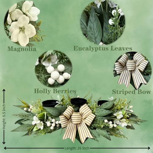 Svndlyn 26 Inch 3 Candle Holder Centerpiece with Greenery and Striped Bow - Image 3