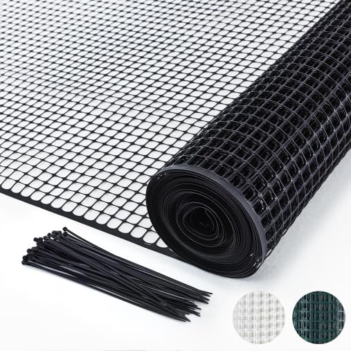 PotatoLife Plastic Hardware Mesh Netting, Temporary Fence, Tree Guards, Staircase Banister, Animal Barrier, Garden Netting, Poultry, with 50 Zip Ties (Black, 24'' x 25')