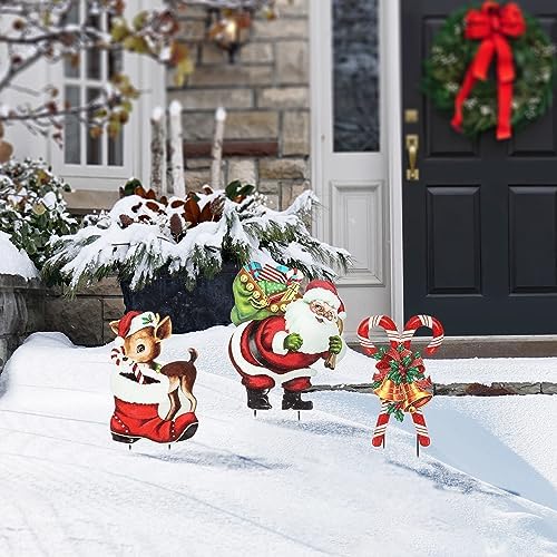 Glitzhome Set of 3 Garden Yard Stake, 40 Inches Metal Glitter Santa, Reindeer and Candy Cane Yard Signs Christmas Ornaments Hanging Wall Xmas Decorative for Lawn Outside Holiday by Glitzhome