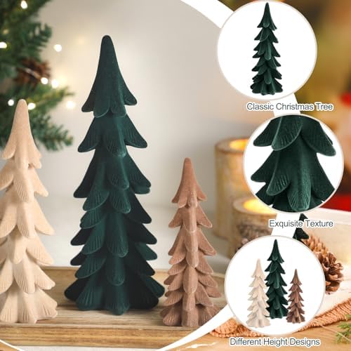 Cinnvoice 3 Set Velvet Christmas Tree Figurines, Khaki, Brown, Green - Image 4