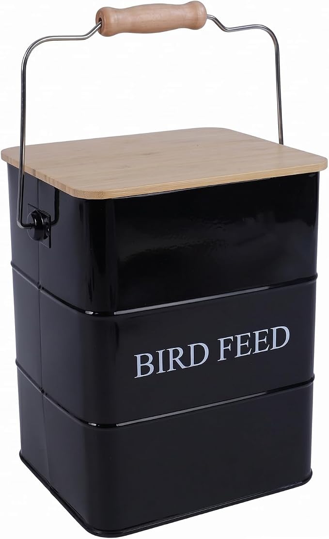 Metal Bird Seeds storage container,Outdoor Bird Container Canister, Pet Food Bin with Wooden Lid/Handle/Food scoop,hold 5-6 Lbs of Wild Bird Seed Sunflower Seed-Preventing Squirrels-Black