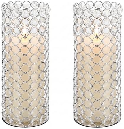 LoveCat Silver Crystal Candle Holders - Hollow Bling Crystal Vases, 10.4" Tall Cylinder Vases for Centerpieces, Elegant Metal Hurricane Candlestick Holders for Event Party Wedding Home Decor (2pcs) by Lovecat
