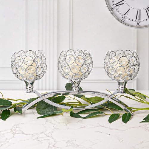 Crystal Tealight Candle Holder Centerpiece Home Decorative Candlestick Holder Elegant Table Centerpiece Home Decor Wedding Party Anniversary (Silver, 3 Arm) - Image 5