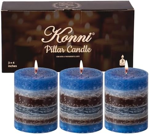 KONNI Layered Pillar Candles Set of 3, 3"x 4" Table Decor Blue Coffee by KAMMAK
