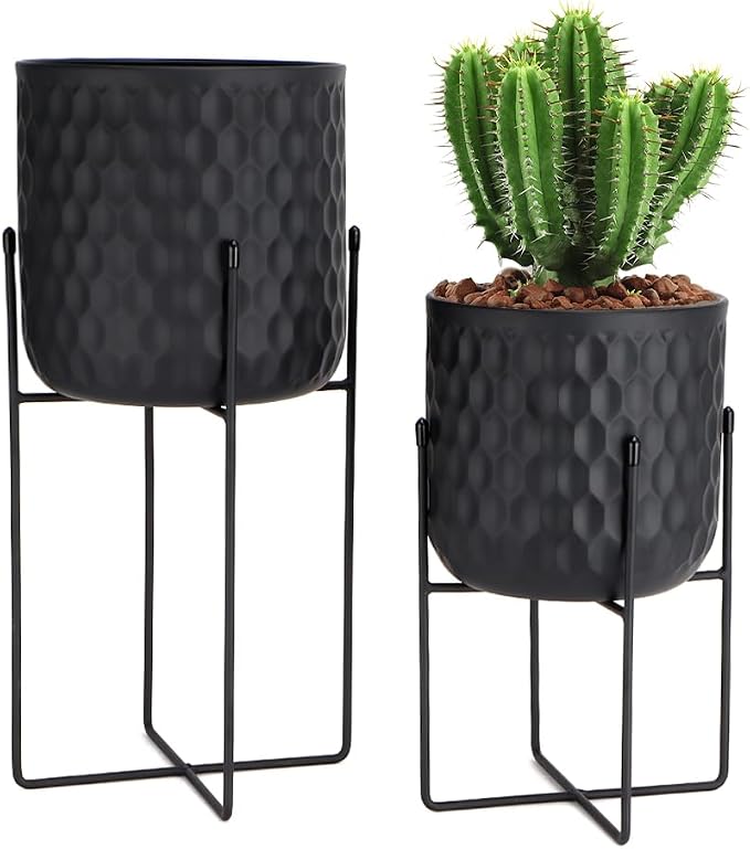 TRIROCKS Set of 2 Metal Planters with Stand, Small Indoor Plant Pots 8" D x 18" H & 7" D x 12" HModern Decorative Flower Pots for Living Room, Entryway, Office, Balcony(Black)