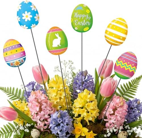6 Pcs Metal Easter Egg Garden Stakes Happy Easter Metal Garden Signs Colorful Egg Bunny Yard Stakes Outdoor Decor for Home Lawn Porch Holiday Front Backyard by Shimeyao