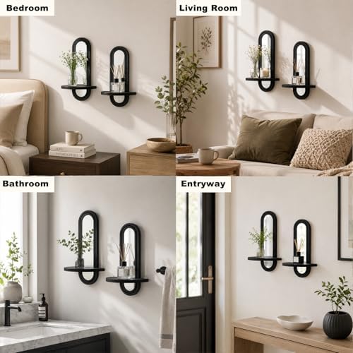 Artilady Floating Shelves with Arched Mirror, Black Boho Wall Decor Storage - Image 3