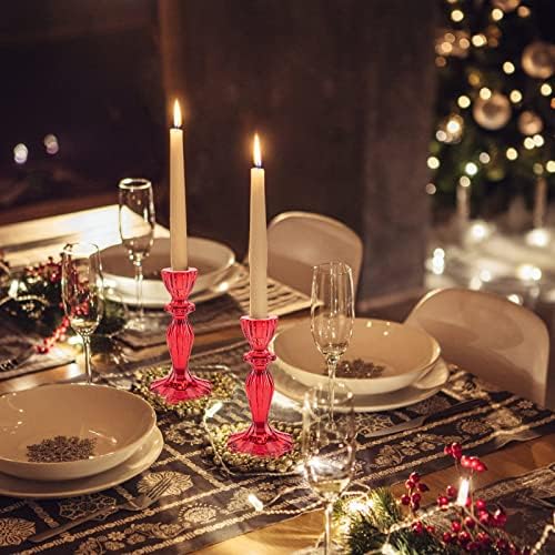 Glass Candle Holders, 2PCS Wide Base Candlestick Holder Decorative Candle Stand Table Centerpieces for Wedding Birthday Halloween Christmas Party, Red - Image 5