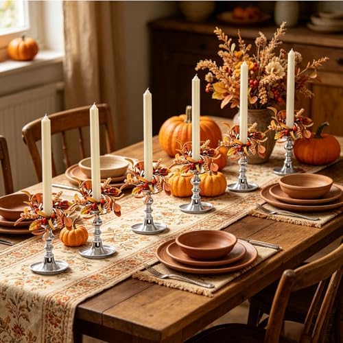 12 PCS Fall Taper Candle Rings Wreaths 1.38" Pumpkin Berries Wheat Taper Candle Holder Wreaths Thanksgiving Autumn Harvest Mini Floral Wreath for Pillar Candle Farmhouse Home Table Candlesticks Decor - Image 4