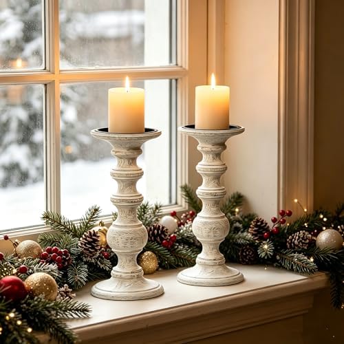 Hosley White Wood Pillar Candle Holder 9 Inch High Ideal Gift for Farmhouse Weddings Special Occasion Spa Aromatherapy Settings Candle Gardens. W1 - Image 4