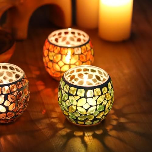 SHMILMH Mosaic Candle Holders Set of 4, Handmade Glass Tealight Votive Holders, Fall Thanksgiving Diwali Decor, Autumn Wedding Party Table Centerpiece, Brown Orange Green - Image 5