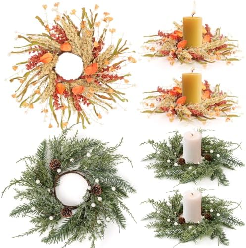 6 Pcs Fall Christmas Candle Rings Wreaths Mini Thanksgiving Xmas Candle Wreath Holder Table Centerpiece Small Autumn Swags Wreath for Kitchen Cabinets Pillar Farmhouse Home Porch Window Wall Decor by Unknown