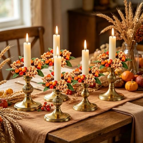 4 PCS Fall Taper Candle Rings Wreaths 1.38" Mini Thanksgiving Taper Candle Holder Wreaths with Berries Leaves Autumn Harvest Table Centerpieces Wreath for Wedding Farmhouse Home Candlesticks Decor - Image 2