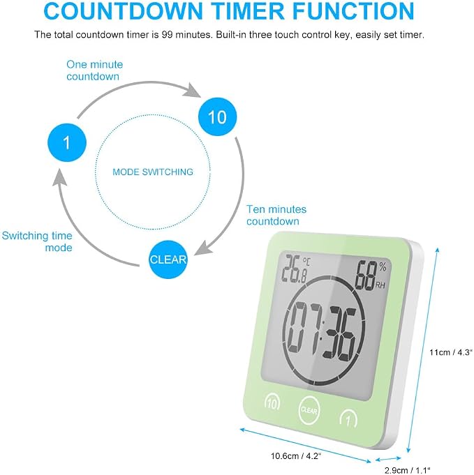 Digital Bathroom Shower Wall Clock Timer, LCD Digital Wall Clock with Suction Waterproof Temperature Humidity Gauge, Touch Screen Timer, Large Countdown Visual Timers Hanging Wall Clock (Green)