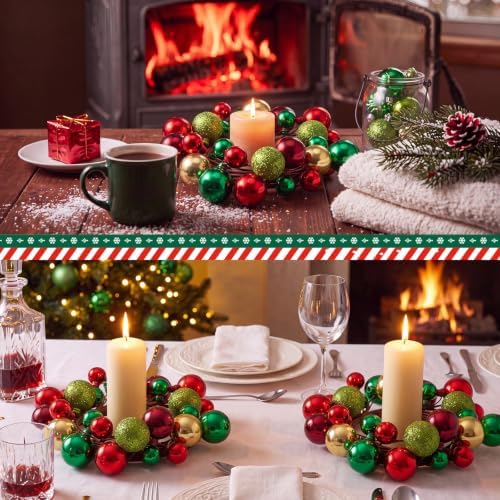 Daifunli 2 Pcs Christmas Ball Needle Candle Ring Red Green Glitter Lemon Green Artificial Wreath for Pillar 3.5 Inch Candle Holder for Winter Xams Country Wedding Table Centerpiece Decor - Image 3