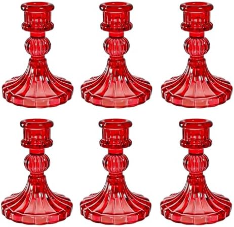 Red Glass Candlestick Holders, Taper Candle Holders, Set of 6 by ECHFSM