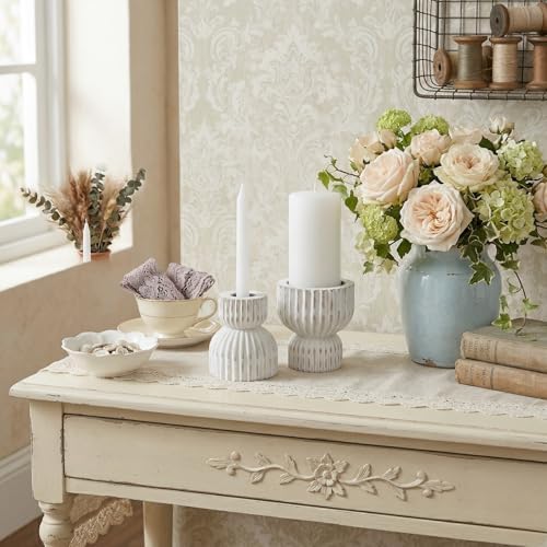 TRENDIN Reversible Rustic Pillar Candle Holders Set of 2, Distressed White Wood Candle Stand Set for Table, Fluted Farmhouse Wooden Candlestick Holders for Fireplace Mantel, Dining Room Decor - Image 5