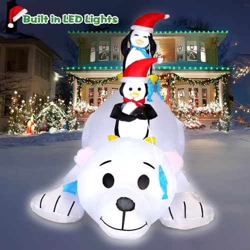 6 FT Christmas Inflatable Outdoor Decoration Polar Bear with Penguins, Xmas Blow Up Yard Decoration with Built-in LED Lights, Suitable for Christmas Party Outdoor, Yard, Garden, Lawn Holiday Decor - Image 5