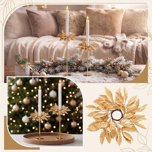 Daifunli 2 Pcs Christmas Artificial Gold Bay Leaf Candle Rings Gold Bayleaf Candleholders Wreath for Taper Candles 1.25 Inch Candles Holder for Christmas Rustic Table Centerpiece Decor - Image 5