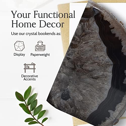 Nature's Decorations Black Agate Bookends – A+ Grade Geode Heavy Duty Decorative Stone Crystal Book Ends for Shelves & Bookcases, Natural Polished Bookshelf Decor, 1 Pair 6-8Lbs