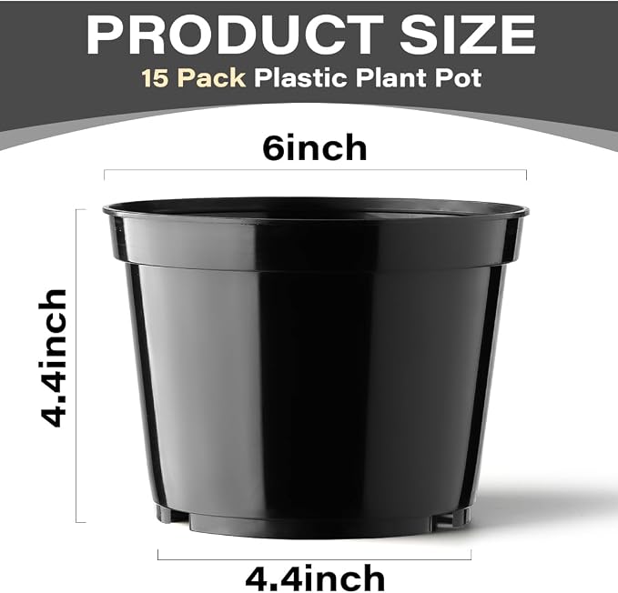 BTPLASTIK 15 Pack 6 Inch Plastic Plant Pots with Drainage Holes, Sturdy Nursery Pots for Plants, Thickened Flower Pots for Indoor Outdoor Planting Transplanting, Succulents, Seedlings, Black