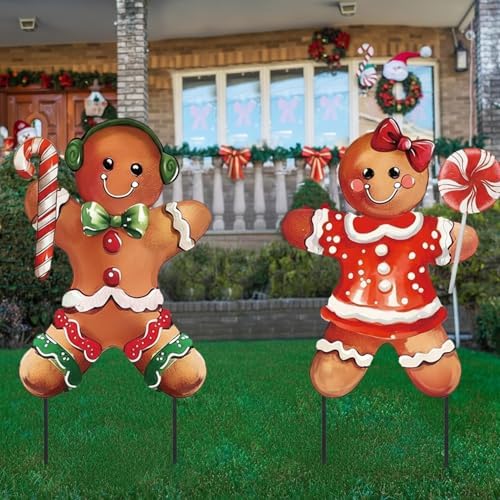 Zonon 2 Pcs Christmas Metal Yard Stakes 3D Gingerbread Boy Girl 27.5 Inch - Image 4