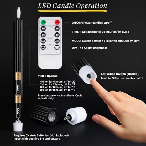 6 Pack, 10" LED Flameless Real Wax Black Fluted Ribbed Grooved Taper Candles, Remote & 24h Timer Memory, On/Off Button, Dimmable, Flicker Mode, Battery Operated, Wedding - Image 4