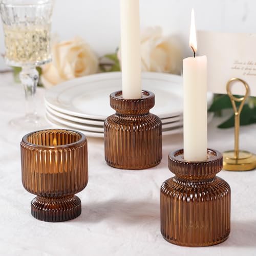 DARJEN 6 Pcs Amber Candlestick Holders - Glass Taper Candle Holders Tealight Votive Candle Holders for Table Centerpieces, Wedding, Dinner Party, Home, Gifts - Image 3