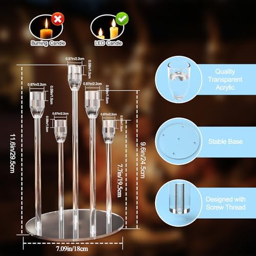 Candelabra Centerpieces for Tables 5 Arm Clear Candle Holder Fit 0.87" LED Pillar Taper Candlestick with Round Base for Christmas New Year Decoration (5 Arm Candelabra) - Image 3