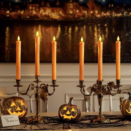 Homemory 6 Pcs Orange Flameless Taper Candles with Remote, Timer, Dimmer, Battery Operated CandleSticks with Flickering Light, Plastic Led Window Candles, for Halloween Decoration 9.6 Inches - Image 2