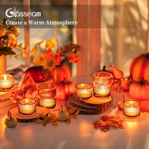 Glasseam Glass Votive Candle Holders Bulk 24 Amber Ribbed Tealight for Fall - Image 3