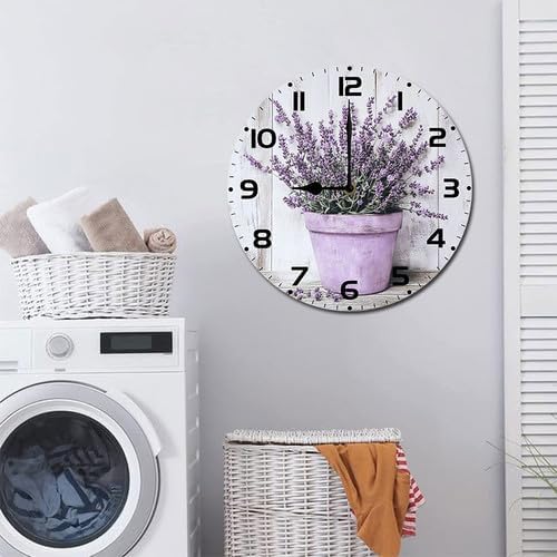 Lavender Watercolor Flower Wooden Silent Non-Ticking 10 Inch Round Clocks Battery Operated Analog for Living Room Kitchen Bedroom Bathroom Office Home School Decor