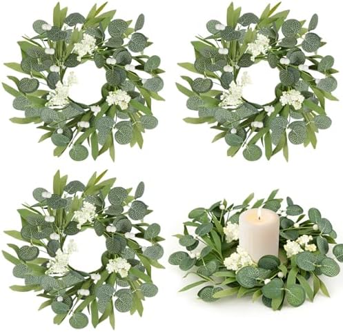 4 Pcs Green Artificial Eucalyptus Candle Rings Wreaths Mini Green Kitchen Cabinet Wreath Table Centerpieces Spring Summer with White Berry for Pillars Farmhouse Porch Front Door Wedding Decor by Unknown