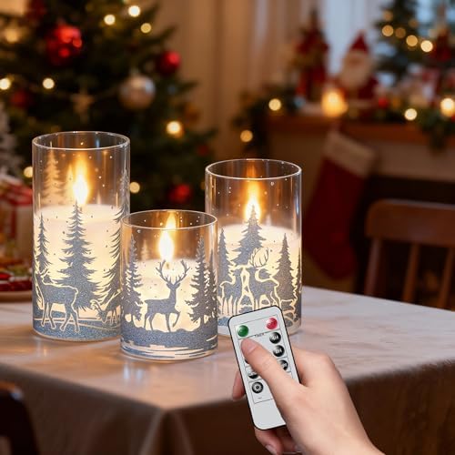 Christmas Deer LED Glass Flameless Candles Battery Operated Remote Timer - Image 6
