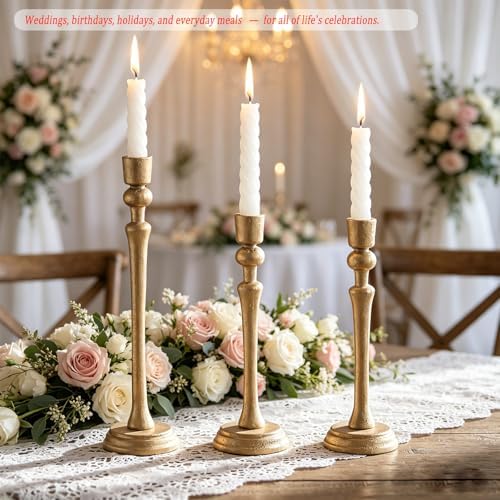 Gold Candlestick Holders,Antique Brass Iron Taper Candle Holder Set of 3 - Image 2