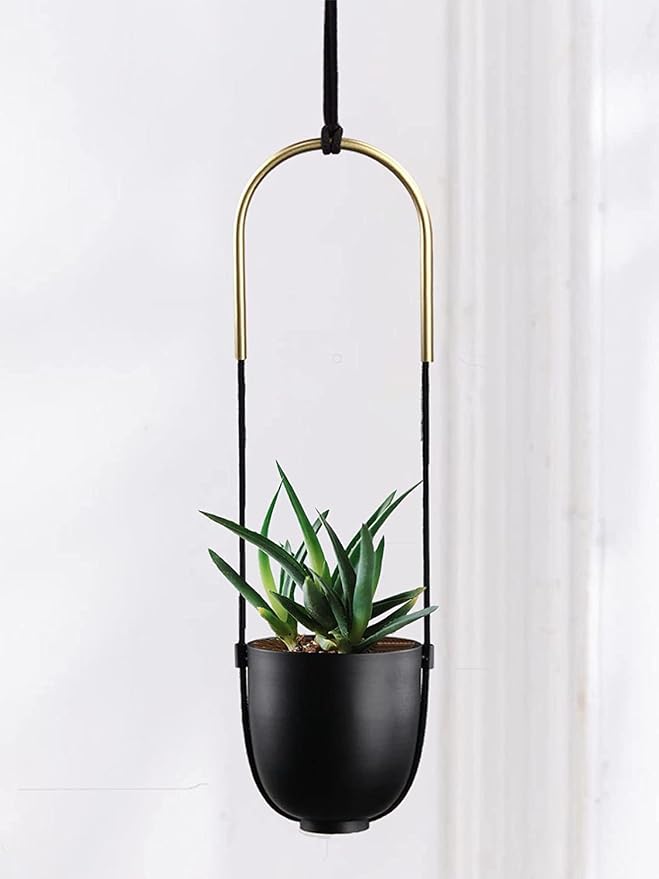 Metal Hanging Planter for Indoor Outdoor Plants Wall and Ceiling Hanging Flower Pot Plant Holder for Succulent Vines Ferns, Height Adjustable Modern Minimalist Room Decor(Black)