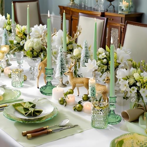 Green Glass Candlestick Holders, Taper Candle Holders, Set of 6 - Image 3