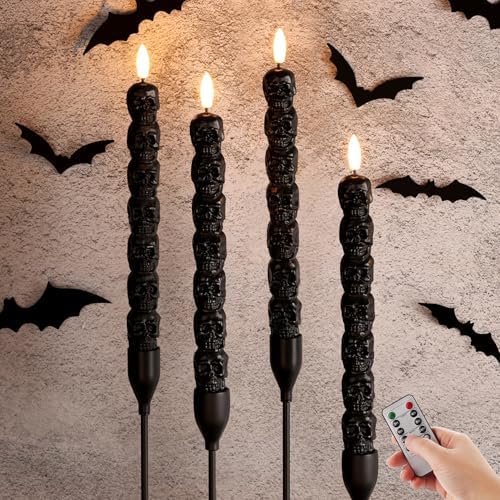 Black Skull Halloween Flameless Taper Candles with Remote Set of 4 by Girimax