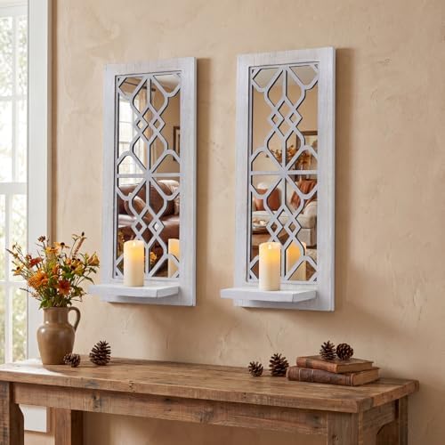 ZEXUIRU 2 Set Rustic Candle Sconces Living Room Bedroom Entryway Wood Mirrored, Farmhouse, Carved Frame Wall-Mount Wooden Candle Holders Wall Decor Hanging Handmade Holder - Distressed White by ZEXUIRU