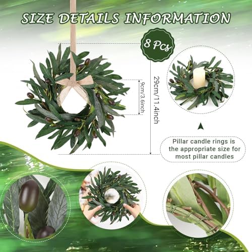 8 Pcs Summer Olive Candle Rings Wreaths Artificial Greenery Wreath with Olive Leaves Spring Summer Wreath for Pillars Farmhouse Festival Kitchen Cabinet Celebrations Tabletop Decoration - Image 3
