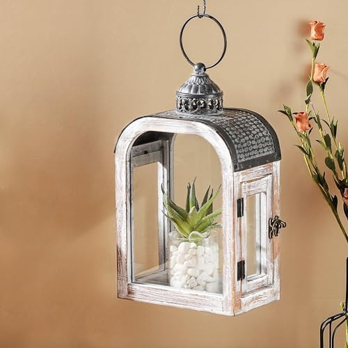 11" High Farmhouse Decorative Lanterns Set, Glass and Metal, Distressed White Wood Finish, Vintage Metal Top, Indoor Outdoor Candle Holders (Rustic White, 7"X4") - Image 5