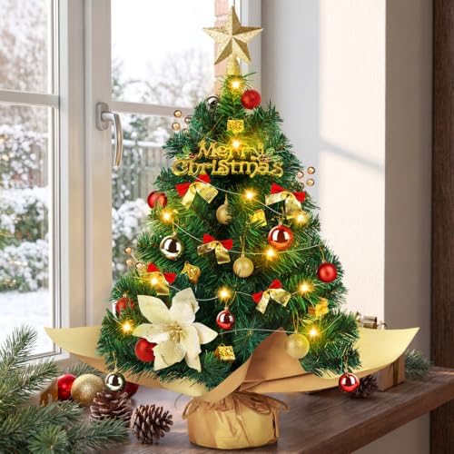 24 Inch Mini Christmas Tree Set with LED Lights, Tabletop Xmas Tree - Image 7