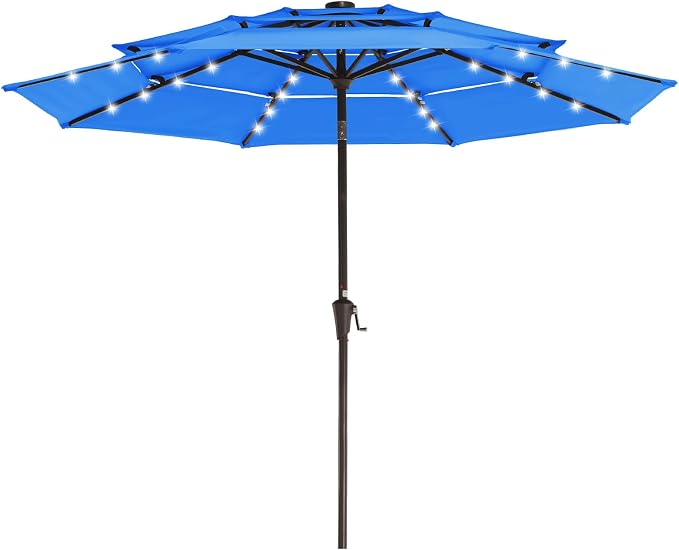 JEAREY 3 Tiers Patio Umbrella with Solar Lights 9ft Outdoor Market Table Umbrellas with Push Button Tilt for Outside Pool Garden, Royal Blue
