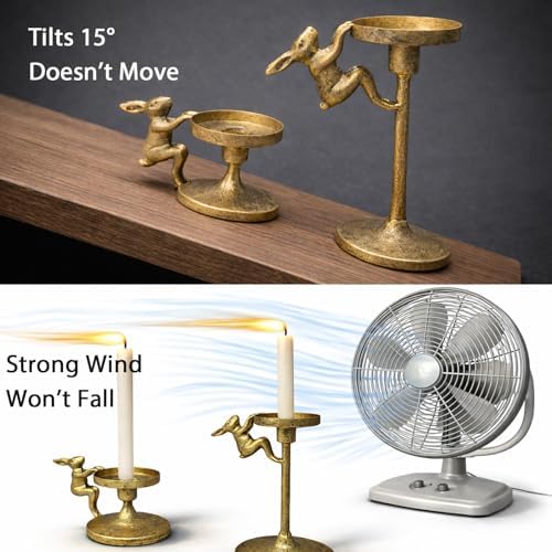 Set of 2 Cast Iron Climbing Bunny Candle Holders, Vintage Heavy-Duty Decorative Stands for 7/8" Taper Candlesticks and 3" Pillar Candles, Lively Easter & Spring Mantel Decor (Antique Brass) - Image 4