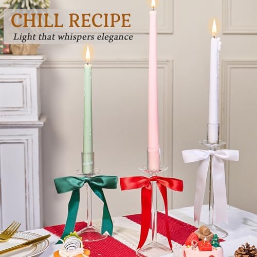 CHILL RECIPE Christmas Candle Holder Glass Taper Candlestick Holders with Built-in Candle Drip Protectors Bows Decor for Table Centerpiece Wedding Party Christmas(Red Green White) - Image 6
