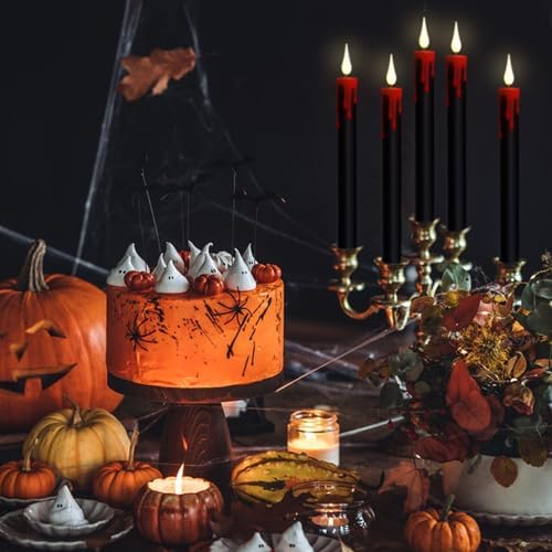 GenSwin Halloween Black Taper Flameless Candles Battery Operated with Remote Timer, 4 Pcs Drip Wax Flameless LED Candle Sticks with 3D Flickering Flame for Window Fireplace Decor (0.78 x 8.9 inches) - Image 6