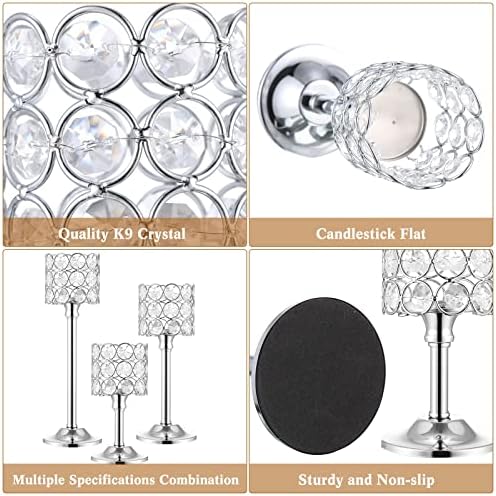 Mumufy 12 Pieces Crystal Candle Holders Set 3 Sizes Tall Crystal Wedding Candlestick Holders Pillar Candelabra Stand for Table Centerpieces for Christmas Party Wedding Dining Decoration (Silver) - Image 3
