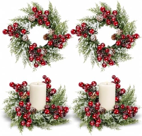 4 Pcs 9inch Christmas Candle Rings Wreath Mini Christmas Table Centerpieces Red Berry Pinecones Wreaths for Kitchen Cabinet for Farmhouse Xmas Front Door Porch Wall Decoration by Unknown